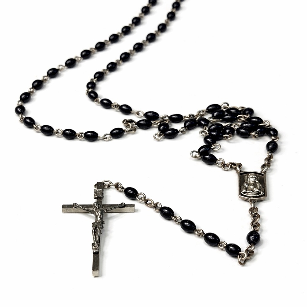 Vintage Catholic Rosary Black Beads Silver Tone Crucifix Sacred Heart